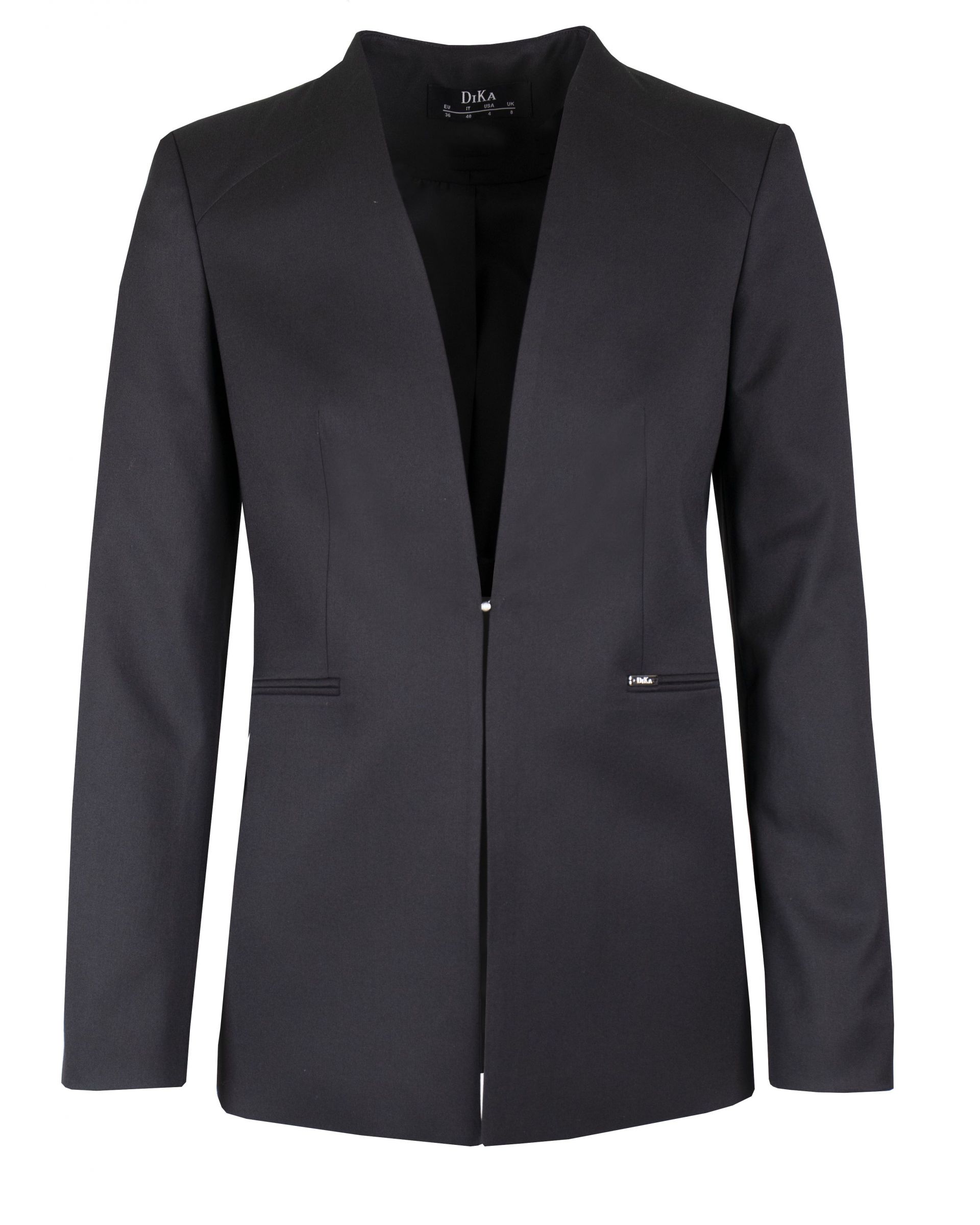Long fitted jacket without lapels with pearl type button 0
